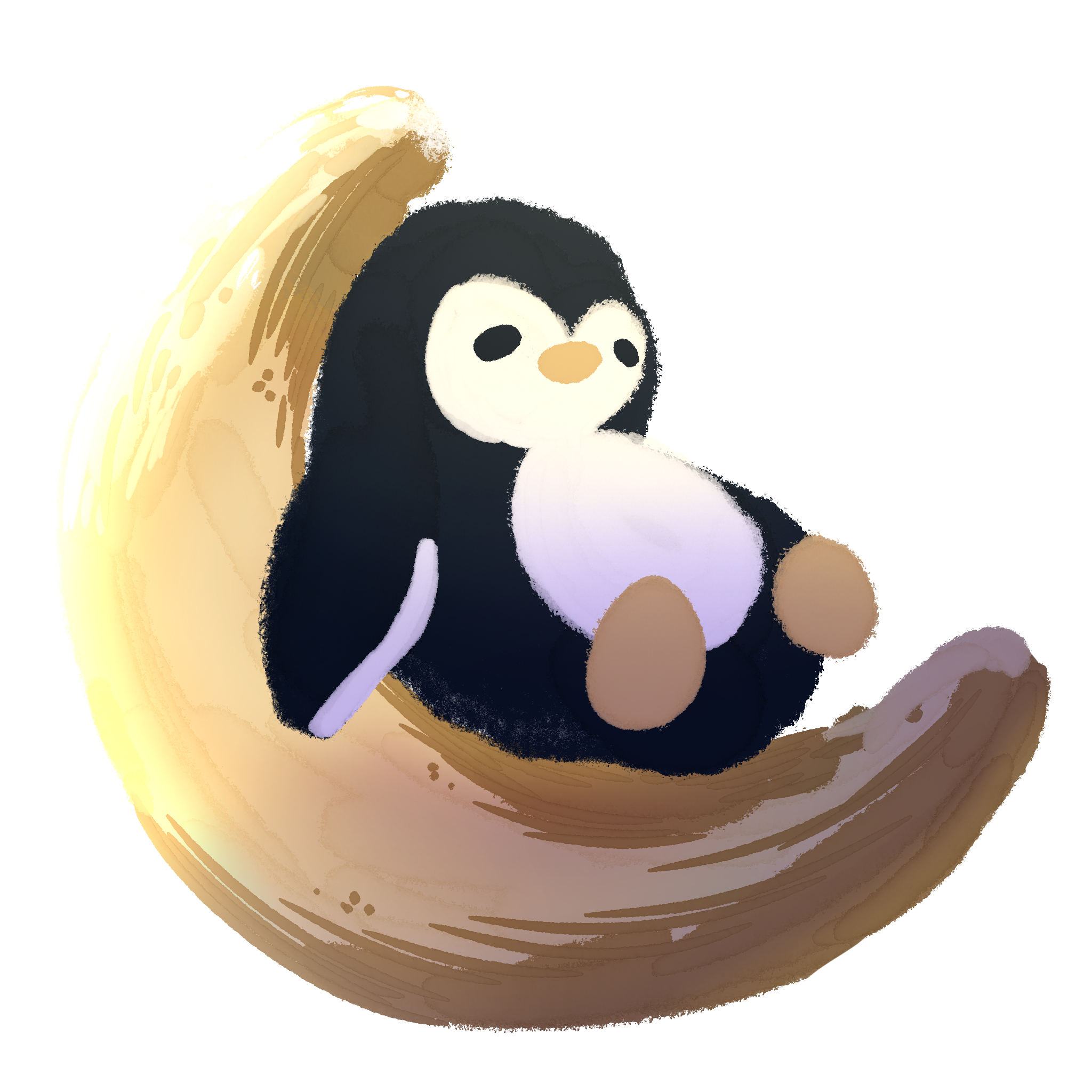 Penguin lying on a cresent moon