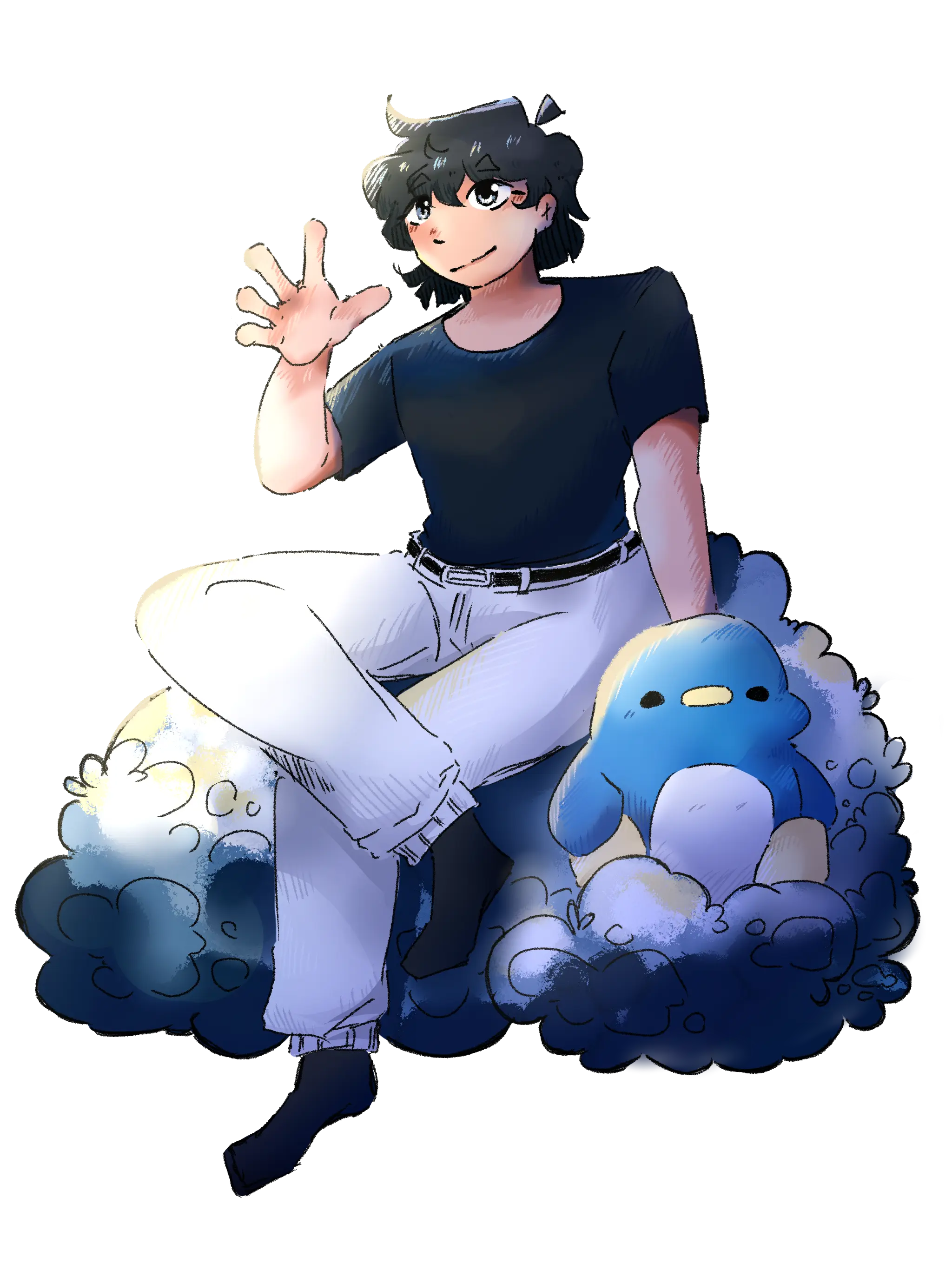 Girl sitting on a cloud, waving